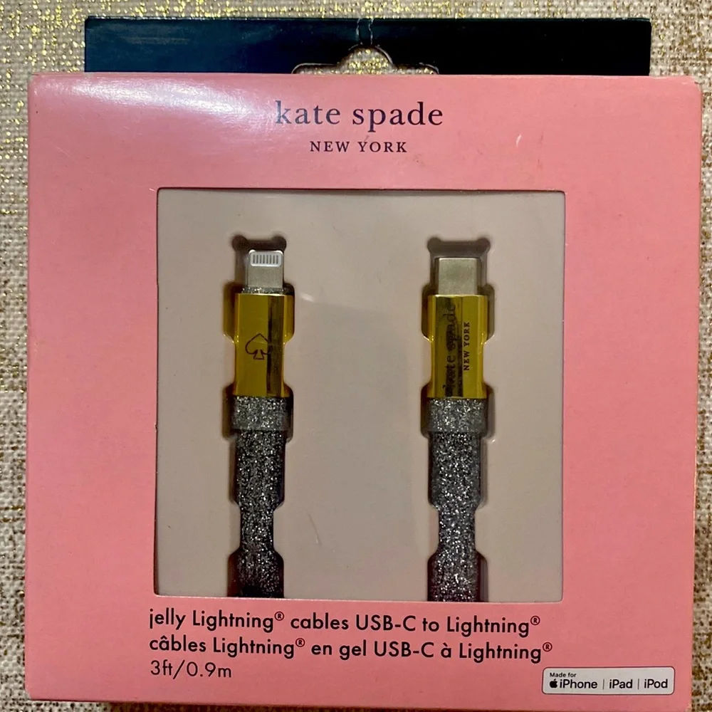 New in box Kate Spade black and silver glitter jelly lightning cables.